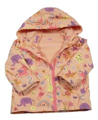 Broskvová nepromokavá jarní bunda se zvířátky a duhami a kapucí St. Bernard