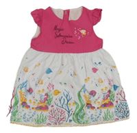 Tmavorůžovo-biele šaty s rybičkami a mořskými koníky a nápismi a volánikmi BIDIRIK