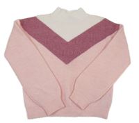 Světlerůžovo-vínovo-bílý žebrovaný svetrový crop rolák PRIMARK