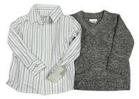2set - Bílo-modro-černá pruhovaná košile + tmavošedý melírovaný svetr Mamas&Papas