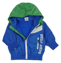 Modro-zeleno-biela šušťáková jarná bunda s nápisom a kapucňou