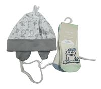 3set - Biela bavlnená čapica s medvědy + 2x smotanové ponožky s príšerkou