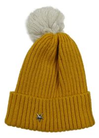 Okrová žebrovaná pletená čepice s bambulí