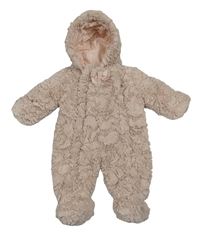 Staroružová kožušinová zateplená kombinéza s mašlou a kapucňou