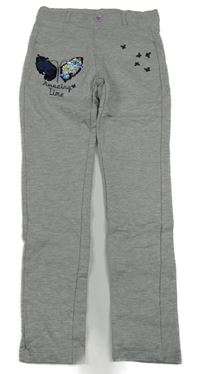 Šedé melírované tregíny s motýlem z překlápěcích flitrů Kids
