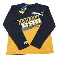 Nové - Tmavomodro-horčicové tričko s nápisom a pumou