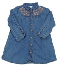 Modré plátěné košilové propínací šaty riflového vzhledu s výšivkami květin Next