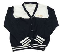 Tmavomodro-biely prepínaci sveter s nápisom