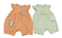 Nové - 2x bavlněný kraťasový overal - korálový vzorovaný s Tygrem + mátový květovaný s Púem Disney