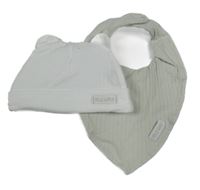 2set - Biela rebrovaná bavlnená čapica s oušky + světlezelený žebrovaný slinták