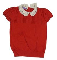 Červená pletená vesta s bielou čipkou Mothercare