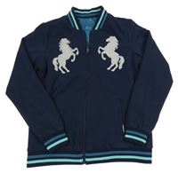 Tmavomodrý šusťákový oboustranný jarní bomber s jednorožci tcm