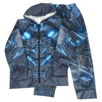 2 set - šedo-modrá vzorovaná sportovní propínací mikina s kapucí + tepláky 