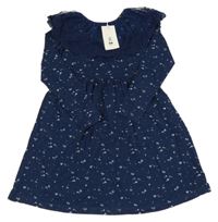 Nové - tmavomodré květované šaty s tylovým límcem dunnes