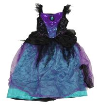 Kostým - Černo-modro-fialové šaty s flitry a broží - čarodějnice Tu