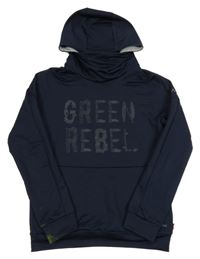 Tmavomodrá sportovní mikina s nápisem a kapucí 