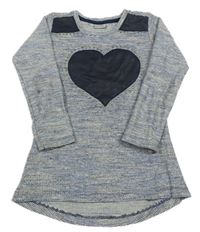 Bielo-modrý melírovaný sveter s kamienkami a srdiečkom