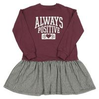 Vínovo-černo-bílé teplákové šaty s kostkovanou sukní a nápisem F&F