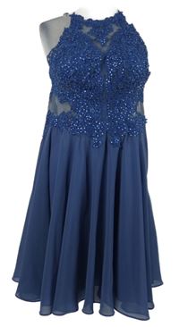 Dámske modré šifonovo/krajkové plesové šaty s kamienkami