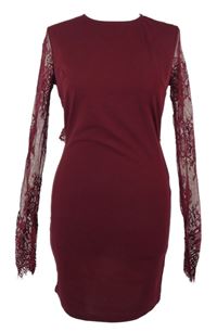 Dámske vínové šaty s čipkovymi rukávy Shein