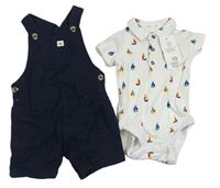 2set- tmavomodré plátěné laclové kraťasy+ bílé polo body s lodičkami F&F
