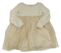 Smetanovo-zlaté pleteno/tylové šaty s bodkami H&M