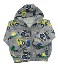 Sivá šušťáková jarná bunda s traktormi a kapucňou