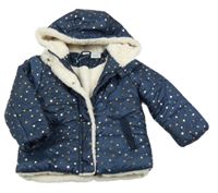 Tmavomodrá puntíkatá šusťáková zimní bunda s kapucí 