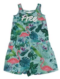 Mintovo-barevný kraťasový overal s plameňáky a květinami 