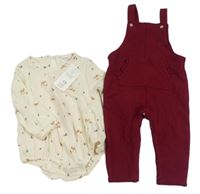 Nové - 2set- Vínové žebrované laclové tepláky+ smetanové body  F&F