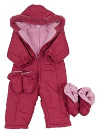 Malinová šusťáková zimní kombinéza s kapucí + capáčky + rukavice C&A