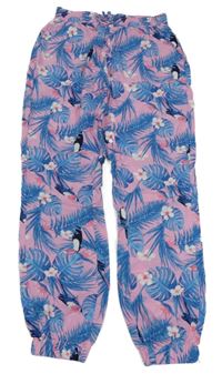 Svetloružová -modré voľné é nohavice s listami Alive