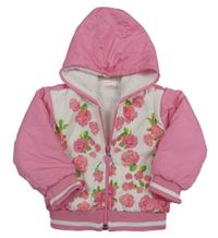 Světlerůžovo-bílá květovaná šusťáková zateplená bunda s kapucí 