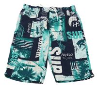 Tmavomodro-tyrkysové vzorované plážové kraťasy s nápisy Destination 