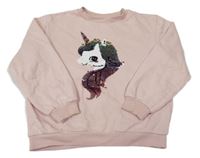 Svetloružová oversize mikina s jednorožcem z flitrů H&M