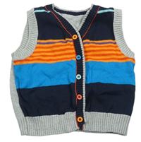 Tmavomodro-modro-oranžovo-sivá pruhovaná melírovaná prepínaci svetrová vesta Mothercare