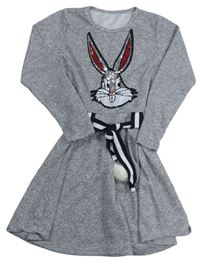 Sivé melírované úpletové šaty s Bugs Bunnym z flitrů a opaskom