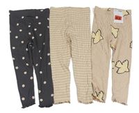 3x - Žebrované legíny - Tmavošedé puntíkaté, světlepudrovo/starorůžové pruhované, pudrové s vtáčky zn. George