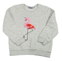 Svetlosivá melírovaná mikina s plameňákem s překlápěcími flitre lupilu