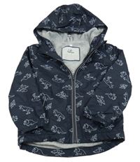 Tmavomodrá šušťáková jarná bunda s dinosaurami a kapucňou Topolino