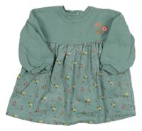 Olivové teplákovo/manšestrové šaty s kvietkami Next