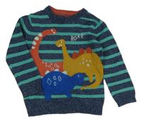 Tmavomodro/modro-modrozelený pruhovaný melírovaný pletený sveter s dinosaurami