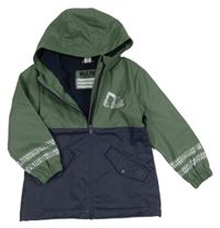 Khakišedo-tmavomodrá nepromokavá jarní bunda s buldozerem a kapucí opodopo