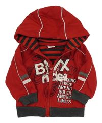 Červeno-tmavosivá prepínaci mikina s motorkou a nápismi a kapucňou