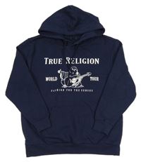 Tmavomodrá mikina s potlačou a nápismi a vreckom a kapucňou