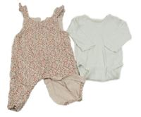 2Set - Světlerůžové cargo manšestrové laclové podšité kalhoty s kytičkami a volánky + bílé body Next