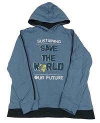 Modrošedo-čierna mikina s nápismi a zeměkoulí a kapucňou POCOPIANO