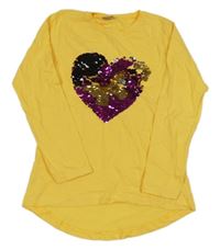 Tmavožluté triko se srdíčkem z překlápěcích flitrů