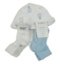 Nové - 3Set - Bílá čepice s balony Matalan + bílé a světlemodré žebrované ponožky vel. 19-22