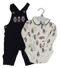 Nové - 2Set - Tmavomodré manšestrové laclové kalhoty s medvídky Paddington + bílé body s límečkem 